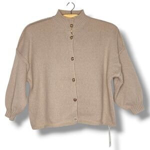 Saodimallsu Mock Neck Button Front Knit Sweater Khaki Size Small Puffed Sleeve